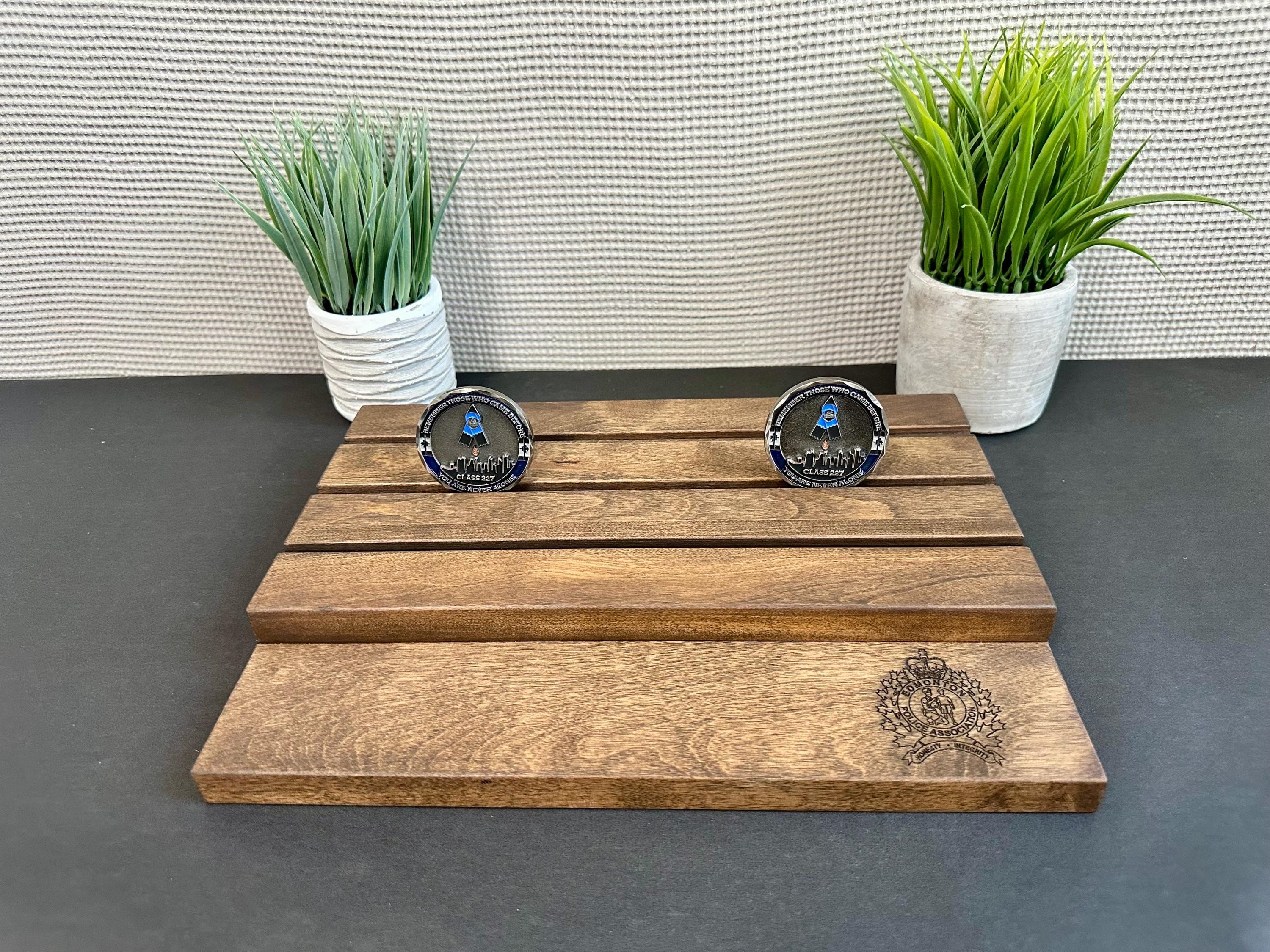 Rustic Wood Challenge Coin Display: Police Gift, Thin Blue Line