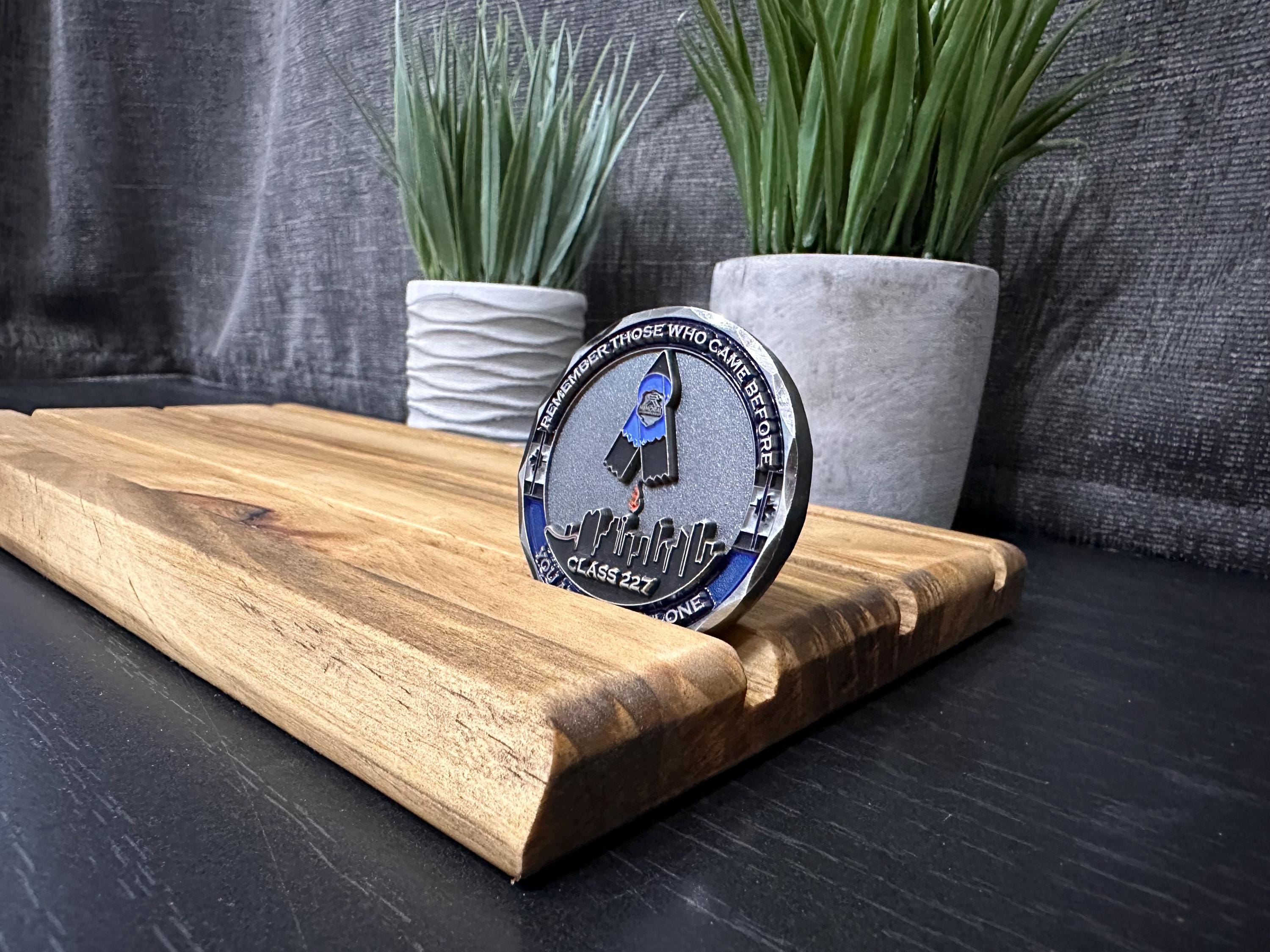 Rustic Wooden Challenge Coin Display - Police Gift