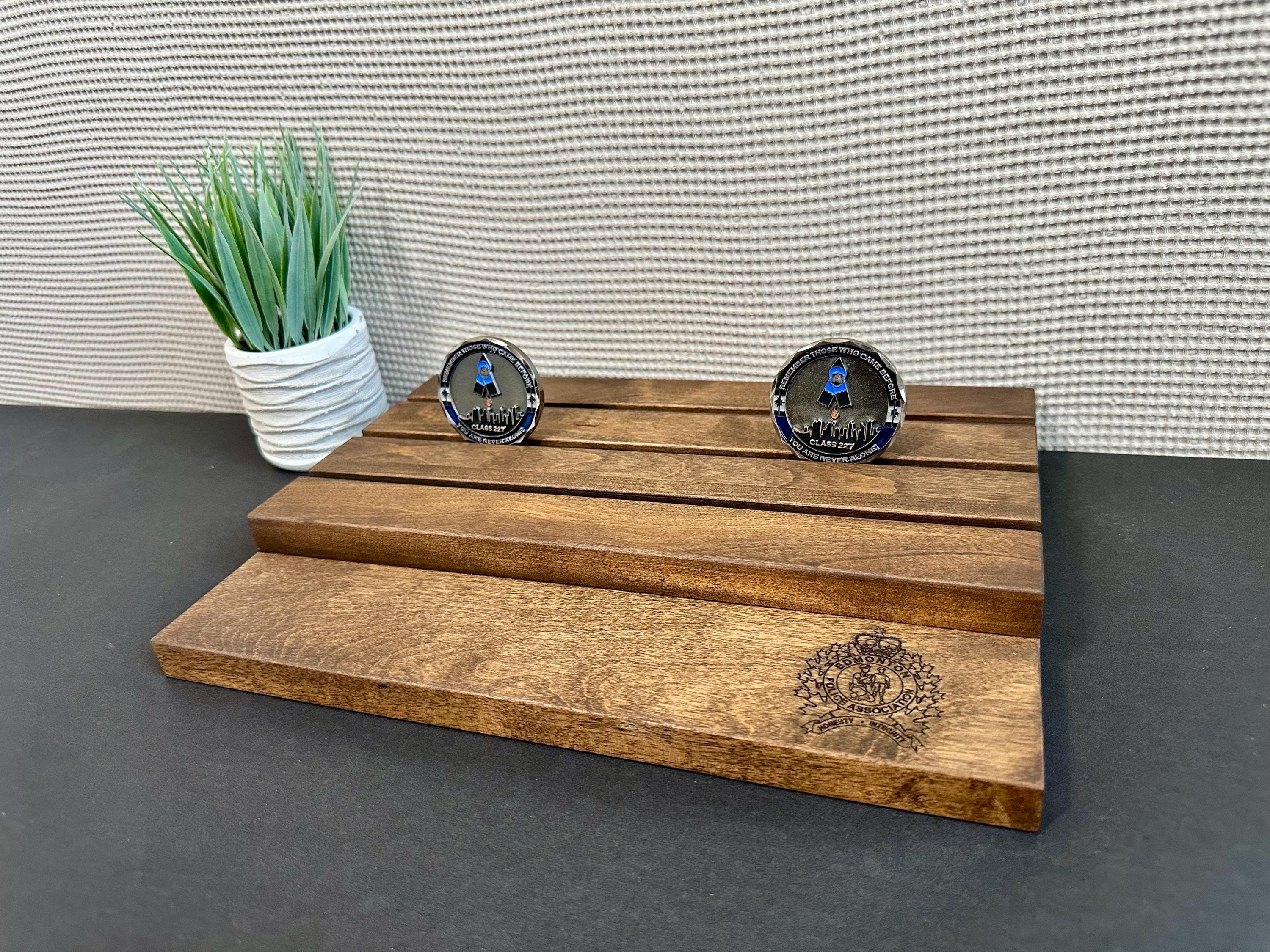 Rustic Wood Challenge Coin Display: Police Gift, Thin Blue Line
