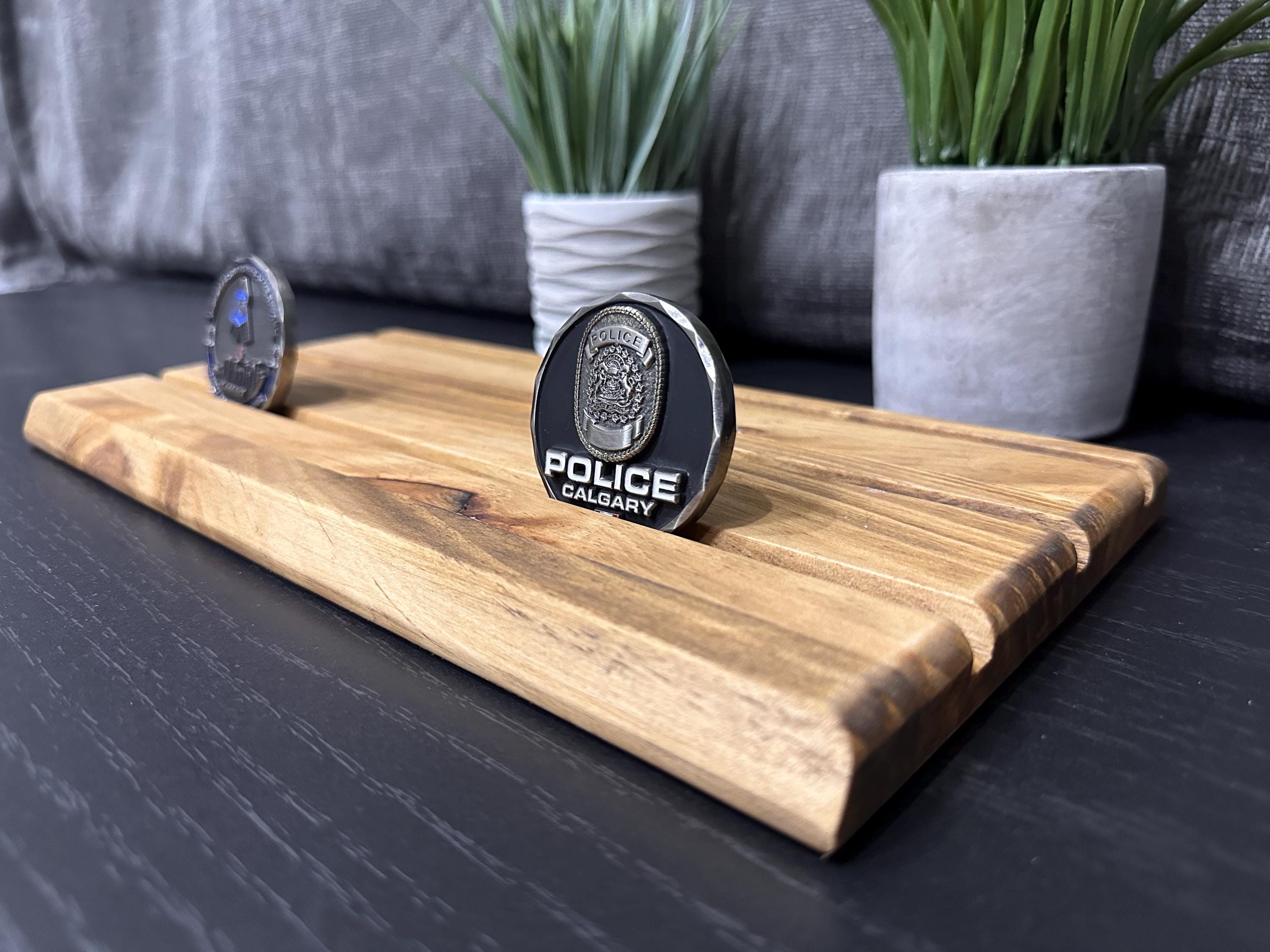 Rustic Wooden Challenge Coin Display - Police Gift