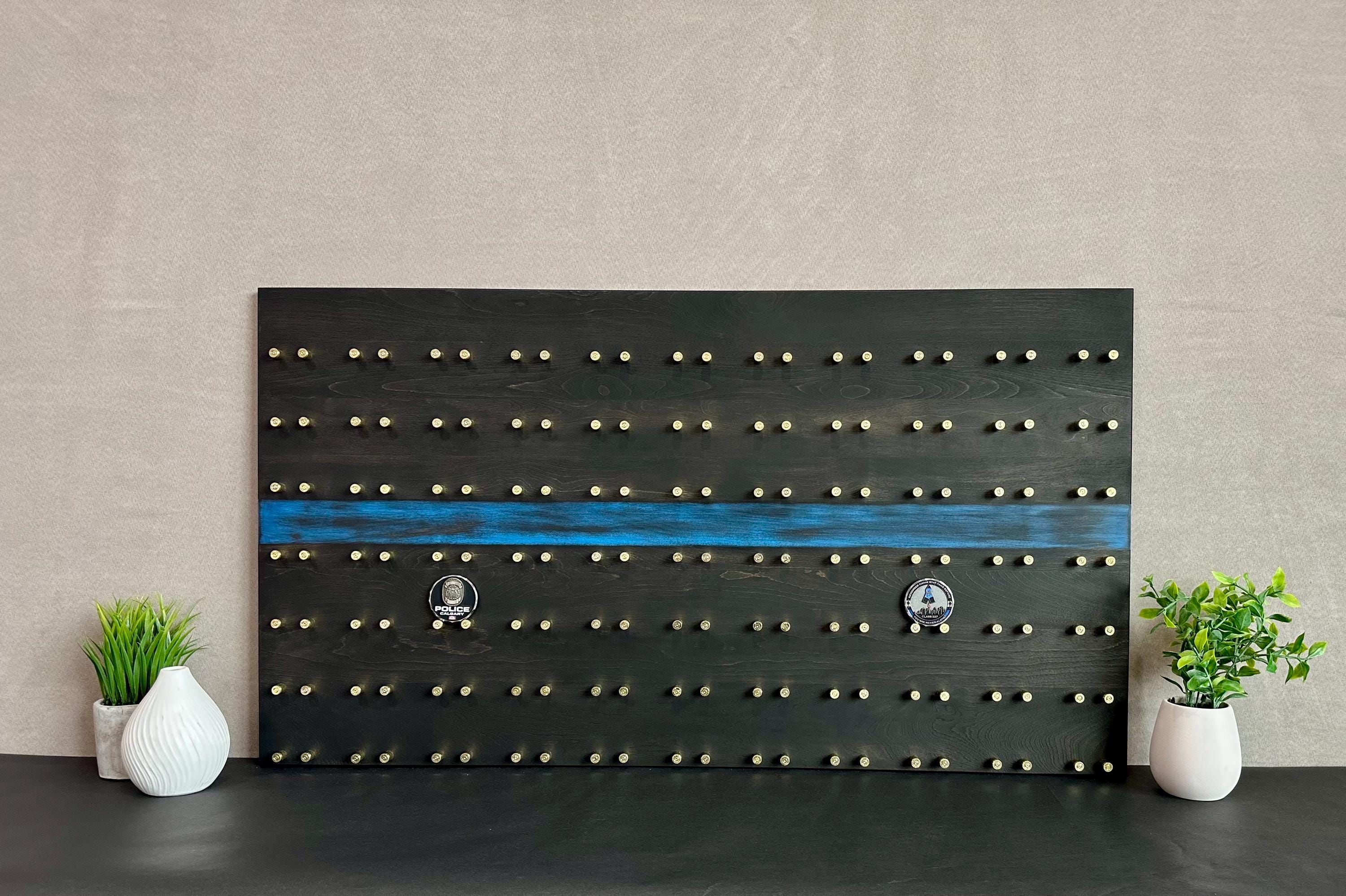 Thin Blue Line Challenge Coin Display: Solid Wood, Police/Law Enforcement Gift