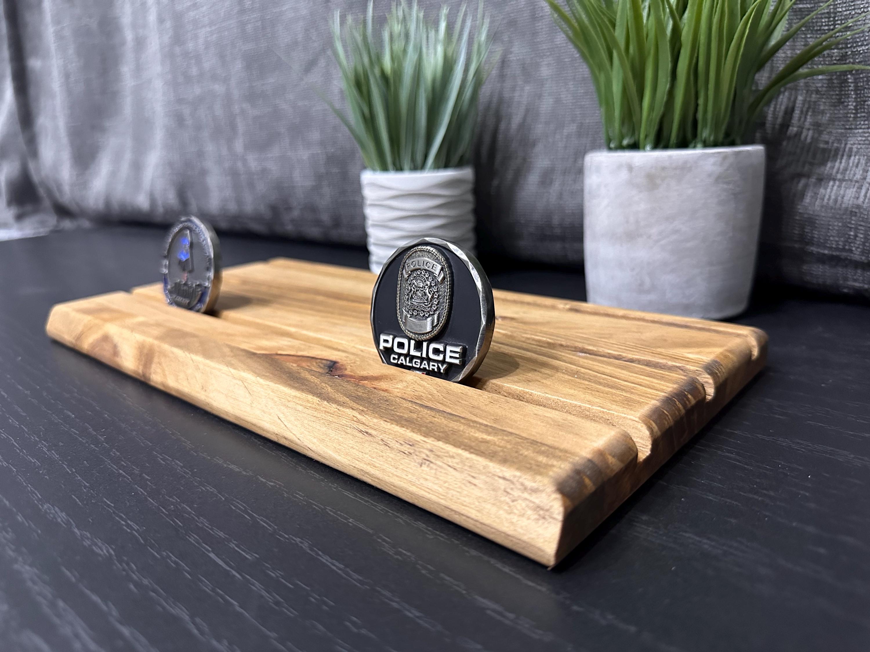 Rustic Wooden Challenge Coin Display - Police Gift